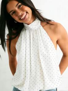 Women Cute Puffy Halterneck Top Sleeveless Open Back Tank Tops Fashion Button Neck Crop Tops Summer Y2K Loose Vest For Club Party Streetwear Going Out Outfit - Chấm bi trắng - Xem 3