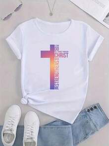 NEW Fashionable Women's Medium Stretch Polyester Knit T-Shirt With Inspirational Christian Graphic Print - "I Can Do Anything For Christ", Casual Short Sleeve Crew Neck T-Shirt, Summer Top - Unisex Vintage Street Style, Loose Fit Cotton Short Sleeve Crew Neck T-Shirt, Women's T-Shirts. - 白色 - 查看 3
