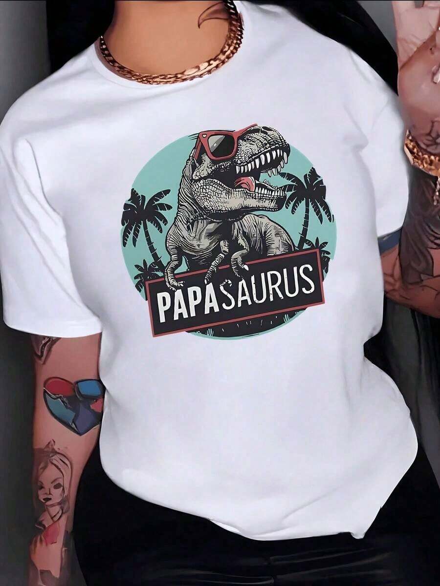 Tyrannosaurus Rex With Red Glasses Showing Pride And Strength Surrounded By Palm Trees, A Symbol Of Family Fun In The Modern Era. Women's T-Shirt, 100% Cotton, Comfortable And Uniquely Stylish. - 白色 - 查看 1