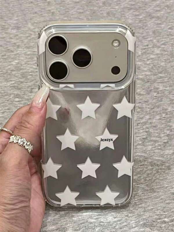Stylish White Star Pattern Sliver Makeup Mirror Soft Phone Case Compatible With IPhone 17 Pro Max 17Pro 17 16 Pro Max 16Pro 16 15 Pro Max 15Pro 15 14 Pro Max 16 15 14 Plus Simple Cute Protective Back Cover Shell