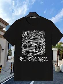 Black Classic Car T-Shirt With Vintage Car Print, Skulls, And Pin-Up Girl, Featuring The Text "Mi Vida Loca" For Streetwear And Casual Wear. Ideal For Parties, The Beach, Sports, And Outdoor Activities. | Casual Wear For All Seasons - 黑色 - 查看 7