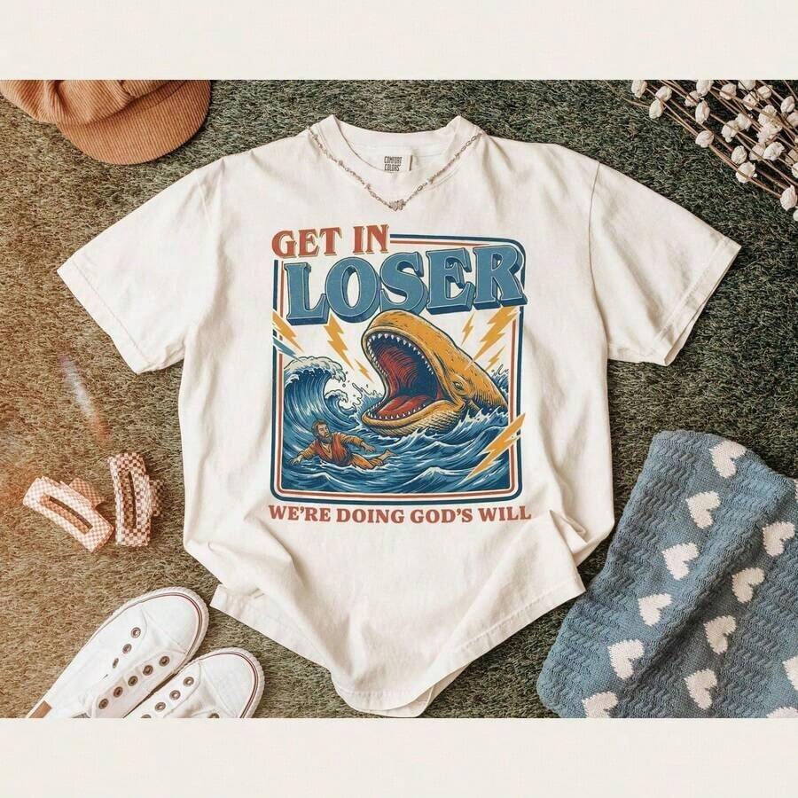 "Come In, Perderano, We're Doing God's Will" T-Shirt - Jonah And The Whale Retro T-Shirt - Christian Humor T-Shirt - Vintage Faith T-Shirt - Funny Cotton T-Shirt - 白色6 - 查看 1