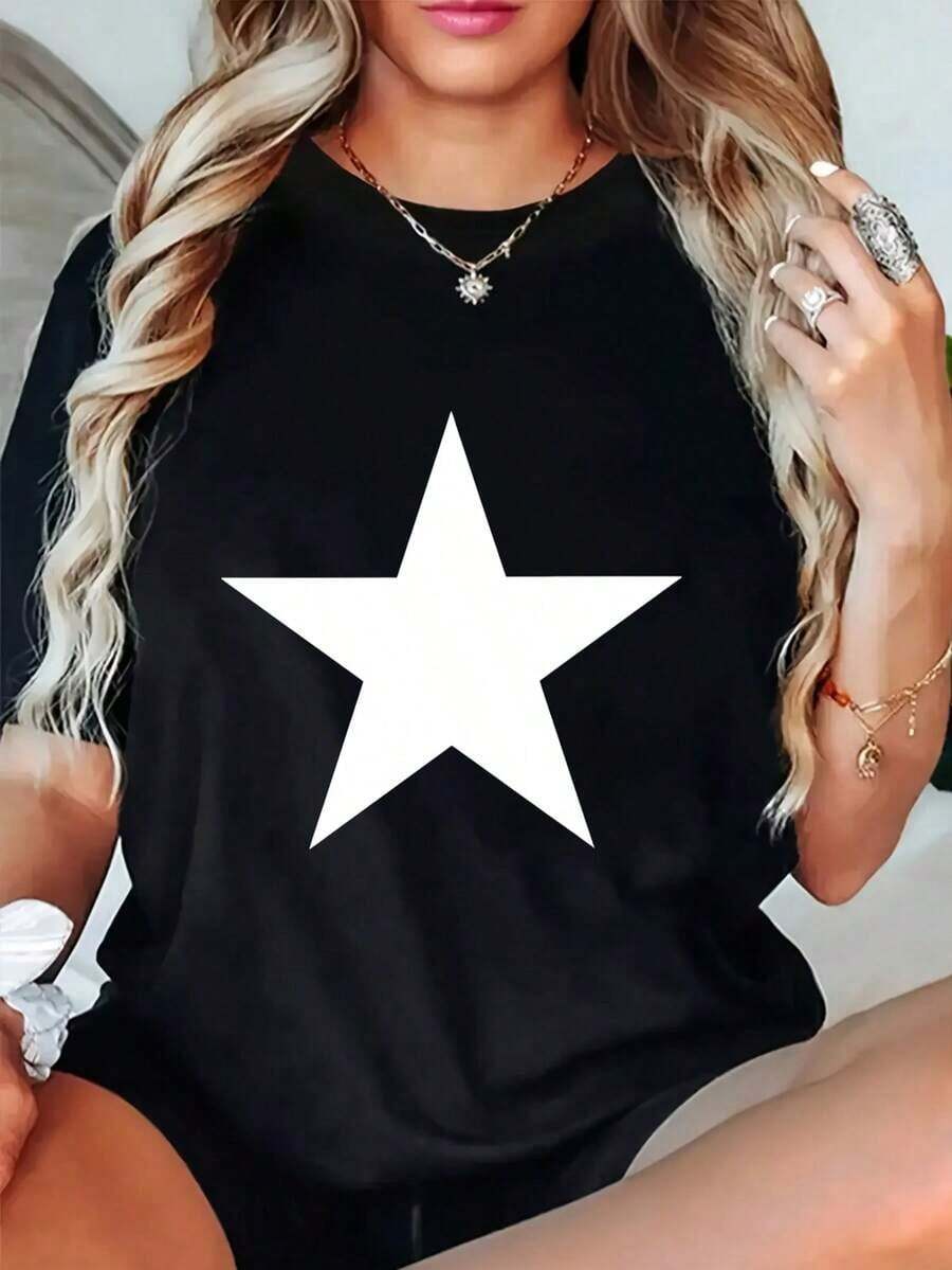 Women's Casual White T-Shirt With Black Star Graphic Design, Comfortable Short Sleeve T-Shirt For Everyday Wear, Suitable For Spring, Summer And Autumn, Ideal For Teenagers And Women, Perfect For School, Travel And Shopping. - 黑色 - 查看 1