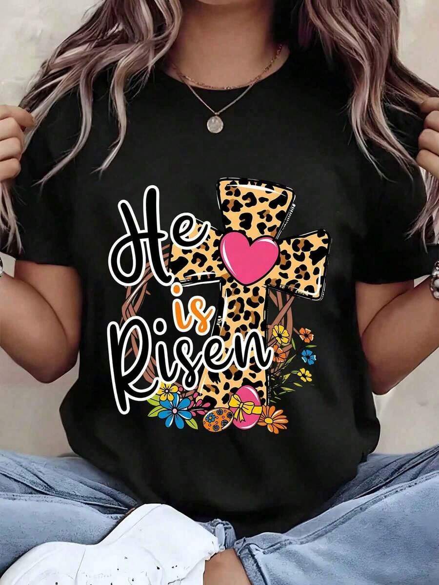 Women's "He Has Risen" T-Shirt With Leopard Print, Cross, Heart And Flowers, Round Neck, Regular Fit, Easter Gift, Spring, Christian Religious Statement, 220g Cotton, Loose Blouse - Black - View 1