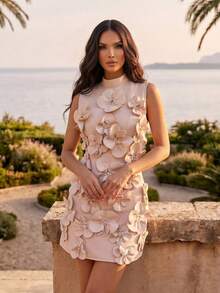 新款優雅女款 3D 花卉裝飾長袖蝴蝶結修身短款婚紗禮服 正式晚禮服 - 杏色 - 查看 2