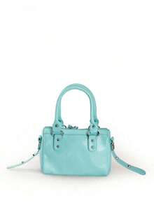 1pc Vintage Distressed Black Patchwork Rivet Studded Metal Tassel Zipper Decor Retro PU Material Belt Decor Rivet Studded Dual Top Handle Adjustable Shoulder Strap Zipper Closure Fashion Retro Sweet Chic Motorcycle Bag Y2K Punk Style Square Handbag For Women, Casual Low-Key Luxury Style Women Crossbody Bag Fits Phone, Card Holder, Suitable For Daily, Travel, Shopping , Punk - 淺藍色 - 查看 9
