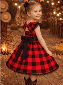 Girls' Junior Dress For June Festivals, Plaid, Country Style, Rodeo, Square Dance, Ruffled Skirt, Elastic, Short Sleeve, Ruffled Lace, Saint John's Day Events, Queen Of Popcorn, Adjustable, Full Skirt, Fashion, Themed Clothing, Country Style, Modern, Loose Fit, Lightweight, Comfortable Fabric, Typical Photoshoot, Classic, Traditional Print, Sophisticated Outfit, Versatile, Elegant, Blogger Style, Arraiá, With Bow, Glitter - Đỏ và đen - Xem 4