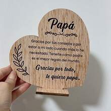 1pc Wooden Heart Shaped Plaque For Dad, Spanish Engraved "Papá" Sentiment Sign, Rustic Wood Father's Day Gift Table Decor - A - View 5