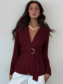 AYYAloruh Chaqueta de blazer elegante de unicolor con cintura ceñida para otoño/inviernoAYY - Burdeos - Ver 6