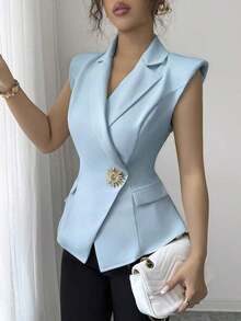 AYYElenzga Chaleco/Chaqueta sin mangas de mujer con hebilla metálica elegante y minimalistaAYY - Agua verde azul - Ver 12