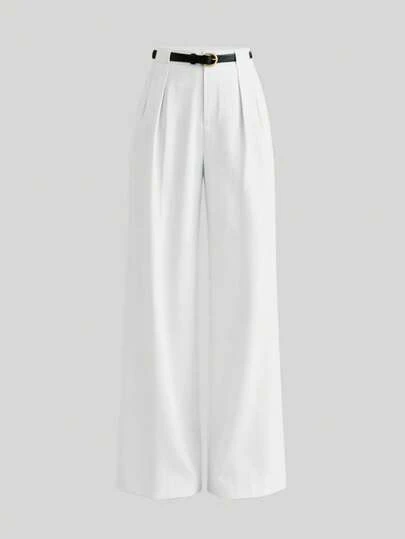 Mid-Waist Solid Color Elegant Straight-Leg Pants With Belt White Spring