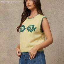 Fengyu Women's Clothing Store  Chaleco de punto con cuello redondo, tejido con puntadas múltiples y diseño de pez intarsia, ideal para primavera, resort, verano, uso casual, lindo, playa, vacaciones, Nashville, estilo vaquera, ropa occidental para mujer - Albaricoque - Ver 11