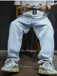 Baggy Jeans, Wide-Leg Balloon Pants, Straight Cut, Carpenter Style, Unisex - 湖藍色 - 查看 4