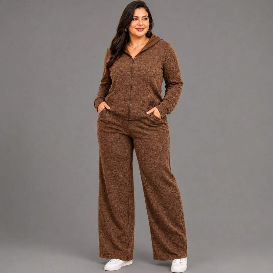 Women's Plus Size Winter Set In Premium Ribbed Knit With Hood And Zipper - Casual, Elegant And Comfortable - Cappuccino - View 1