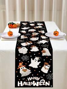 1pc 35*180cm Halloween Theme Table Runner, Cute Ghost & Spider Web Design Table Cloth, Halloween Party, Kitchen & Home Decor, Indoor & Outdoor Use, Holiday Dining Table Decoration, Halloween Party Supplies - Multicolor - View 3