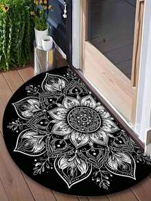 1pc Semi-Circular Floor Mat With Mandala Pattern – Easy-To-Clean Black And White Entryway Mat Suitable For Front Doors, Kitchens, Gardens, And Patios - A - View 3
