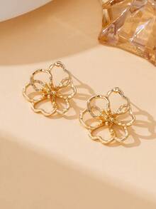 1 Pasang Anting Tusuk Bunga Berongga Garis Emas Gaya Liburan Pantai Musim Panas untuk Wanita - Yellow Gold - View 2