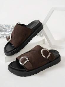 Wide Fit Solid Color Slip-On Design Open Toe Breathable Fashion Versatile Comfortable Lightweight Slip-On Solid Color Thick Sole One-Piece Slip-On Platform Casual Sandals Suitable For Daily Wear - Coffee Brown - View 5