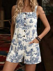 Mono de algodón y lino con estampado de porcelana azul y blanco retro para mujer, mono informal con cuello cuadrado y un solo botón, 2 bolsillos, mono holgado de pierna ancha sin mangas con estampado azul y blanco, mono de estilo vacacional y de playa, mono casual para ir a trabajar y citas, mono nuevo de verano para volver al colegio y la temporada de graduación - Caqui - Ver 11