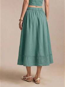 Falda de mujer con diseño de parche, bolsillo lateral y dobladillo de encaje hueco, versátil para oficina, ocasiones formales, elegante transporte urbano, casual diario, retro romántico de los 90, fiesta, invitada de boda, dama de honor, anfitriona, salida, social, cita, fiesta, concierto, ceremonia de graduación, brunch, aeropuerto - Negro - Ver 9