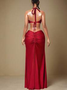 Vestidos De Fiesta Elegant Women's Long Red Dress With Halter Neckline, Asymmetrical Hem, And Twisted Detail, Ideal For Special Occasions - Đỏ - Xem 3