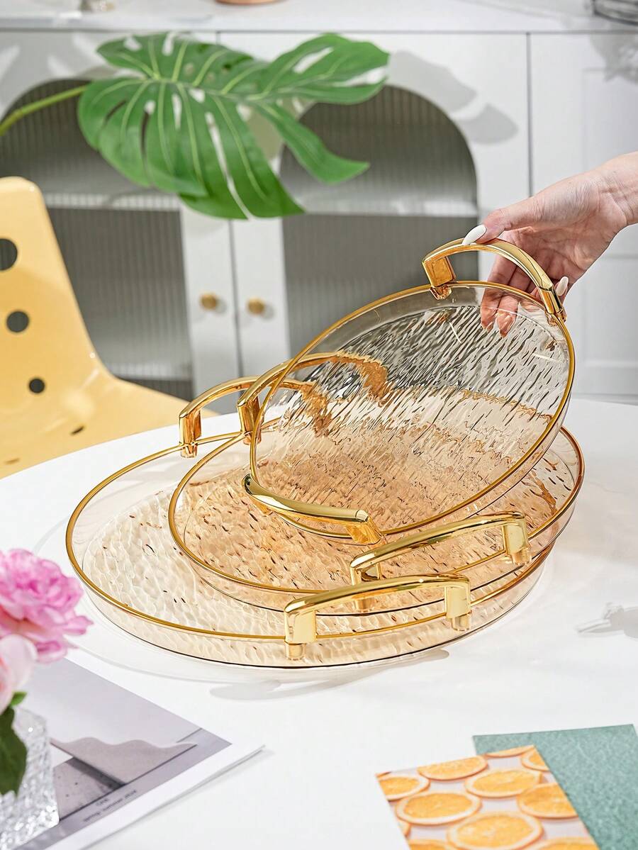 Tea Cup Coffee Cup Water Cup Serving Tray, Thickened PET Round Transparent Glacier Pattern Tray With Handles, Durable - Perfect For Home Living Room Decor, Weddings And Parties - Amber With Gold Trim - View 1