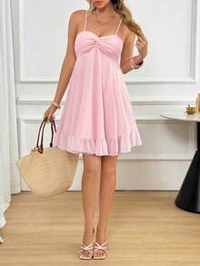 Women's Solid Color Spaghetti Strap Mini Dress, With Twist Bust Design And Ruffle Hem, Tie Back Elegant Pink - Pink - View 4