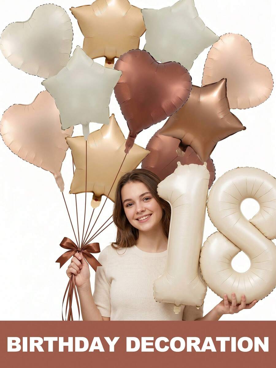 Balloon Set & Number Balloon Birthday Decoration, Heart And Star Shape Balloon Khaki, Romantic Luxury, 32 Inch Cream White Number Balloon For Birthday, Wedding, Christmas, New Year, Opening Ceremoy, Graduation Season, Home Decor, Balloon Party Decor - 18歲生日 - 查看 1