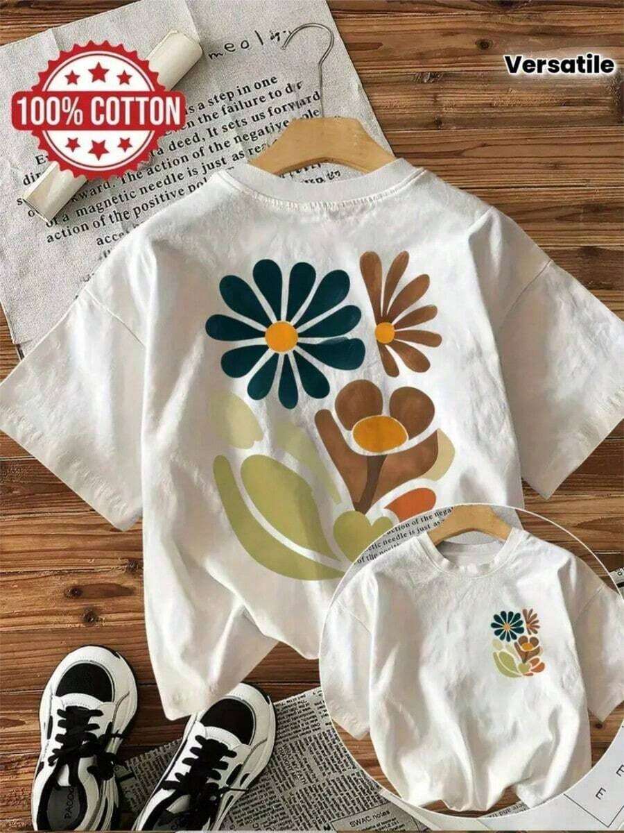 Women's Short Sleeve Tunic Blouse With White Daisy Print - Round Neck, 100% Casual And Party Style With A-Line Hem, Machine Washable, For Autumn And Winter, In Green, Brown, Beige And White - Versatile Garment For Daily And Formal Wear, Made Of Wrinkle-Resistant Cotton. - 黑色 - 查看 1
