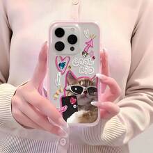 1pc Pink Frame Transparent Minimalist Lens Protection Anti-Fall Anti-Collision Sunglasses Cat Pattern Phone Case, Personalized Suitable For IPhone 16 Pro Max, 17/16/15/14 Plus/13/12/11, Air, Applicable To Series - Multicolor - View 5