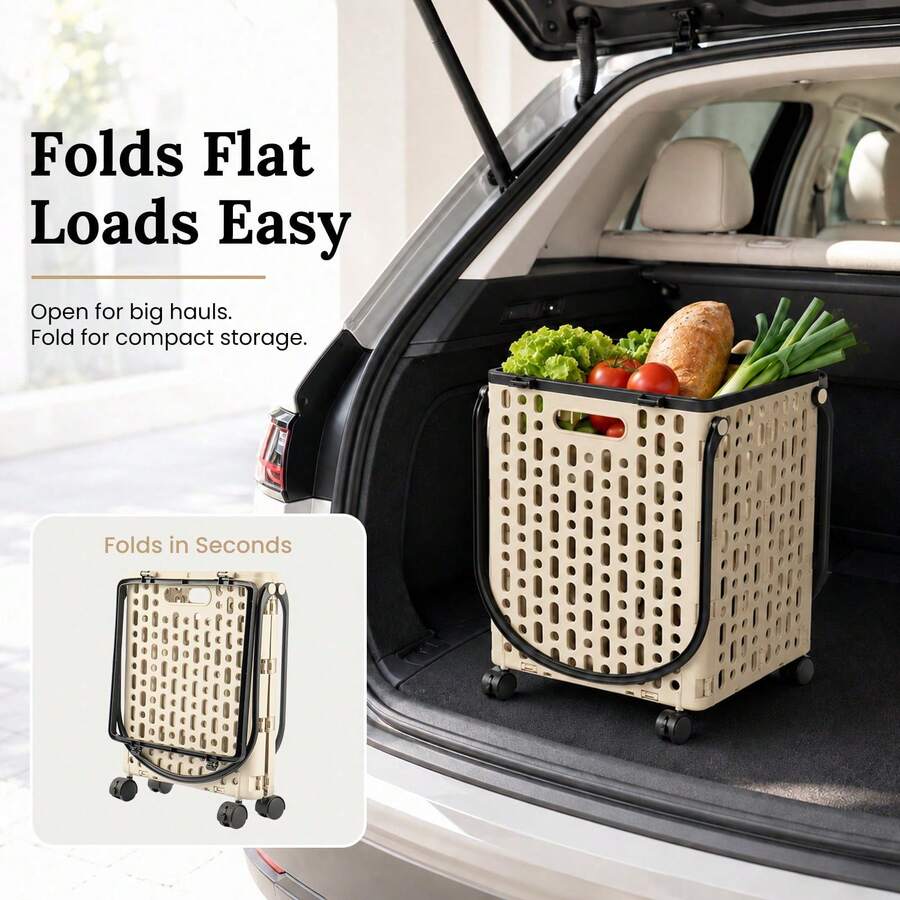 Household Foldable Rolling Trolley Wheeled Storage Cart For Parcel Organizing - Beige - View 1