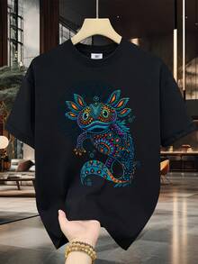 Men's 100% Cotton T-Shirt - Short Sleeve, Crew Neck, Digital Print, Comfortable For All Seasons, Machine Washable, Ideal For Everyday Wear, Crew Neck, Circular Design, Casual Summer T-Shirt Muscle Freaks Axolotl Mexican  Style - 黑色 - 查看 1