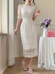 Vestido de encaje bordado de alta gama, vestido de verano para mujer con cuello redondo y abertura lateral hasta la pantorrilla, elegante vestido de cóctel francés para fiestas, ropa de vuelta al colegio - Blanco - Ver 5