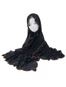 1 peça Hijab feminino elegante com bordado de flor ondulada, lenço de chiffon liso premium, xale envolvente de luxo macio e leve com proteção solar para mulher - Pequeno lenço de cabeça em chiffon com bordado floral - Ver 4