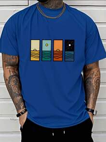 Men's Fashionable Summer T-Shirt, Casual And Modern, With Four-Panel Design Of Sunset And Sunrise Over The Ocean And Starry Sky, Casual Clothing For Adult Men - 灰色 - 查看 7