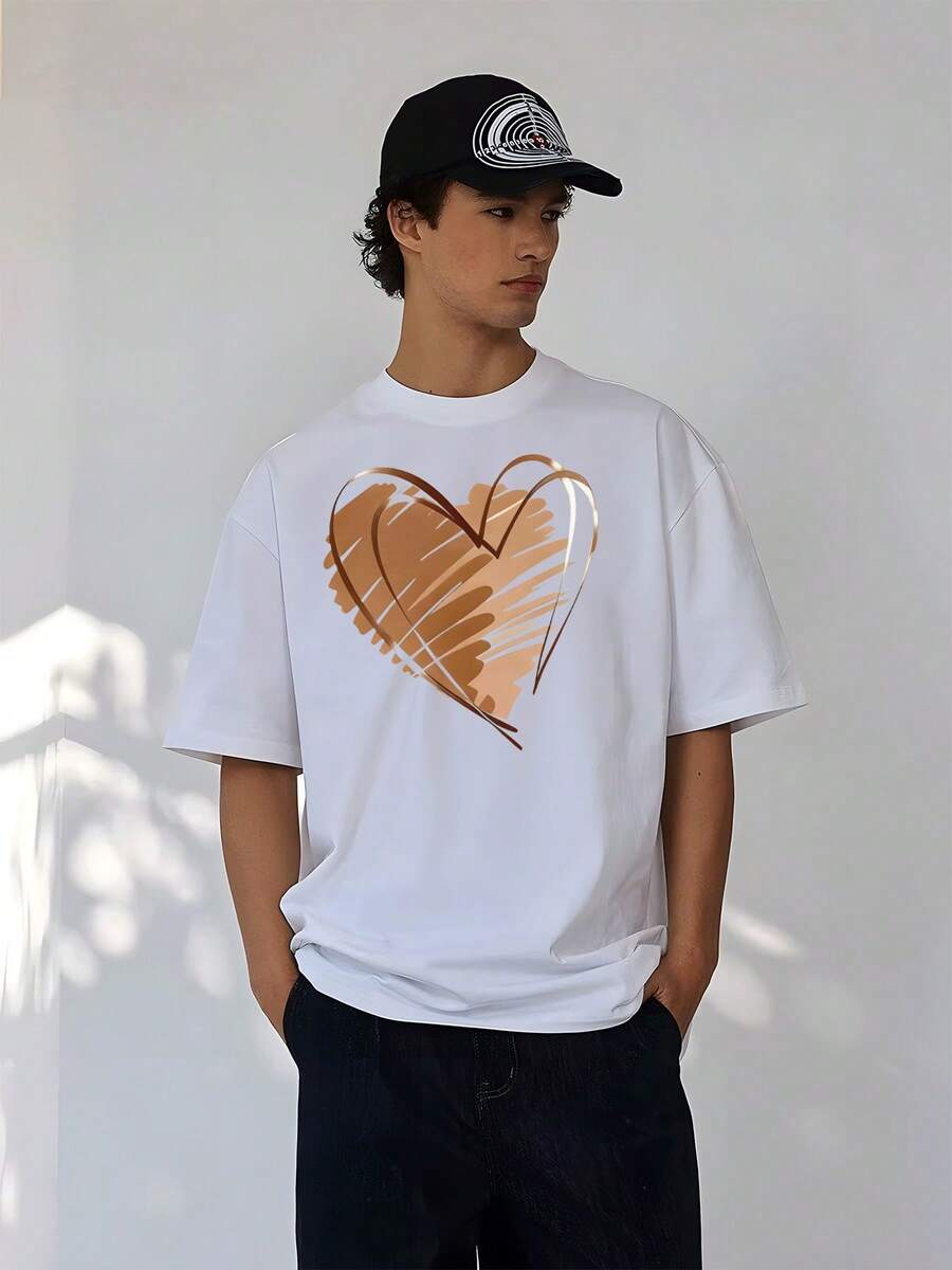 Men's Vintage Oversized Fashion Casual Black Heart Brush Effect T-Shirt, Adult Men's Clothing, Casual Wear, Daily Outfit, Summer Tops. - 白色 - 查看 1