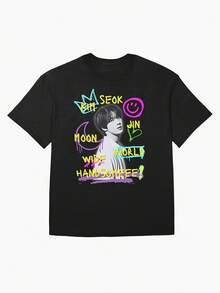 Anime Shirt TS Jin Men'S Graphic T-Shirt- Black Neon Handsome Guys Around World Lettering Print- Birthday, Valentine'S Day, Father'S Day- Regular Fit Crew Neck Casual Top- Washable, an Everyday Essential, Fun Printed Design, Breathable Fab Create A Stylish Summer Look - Svart - Visa 7