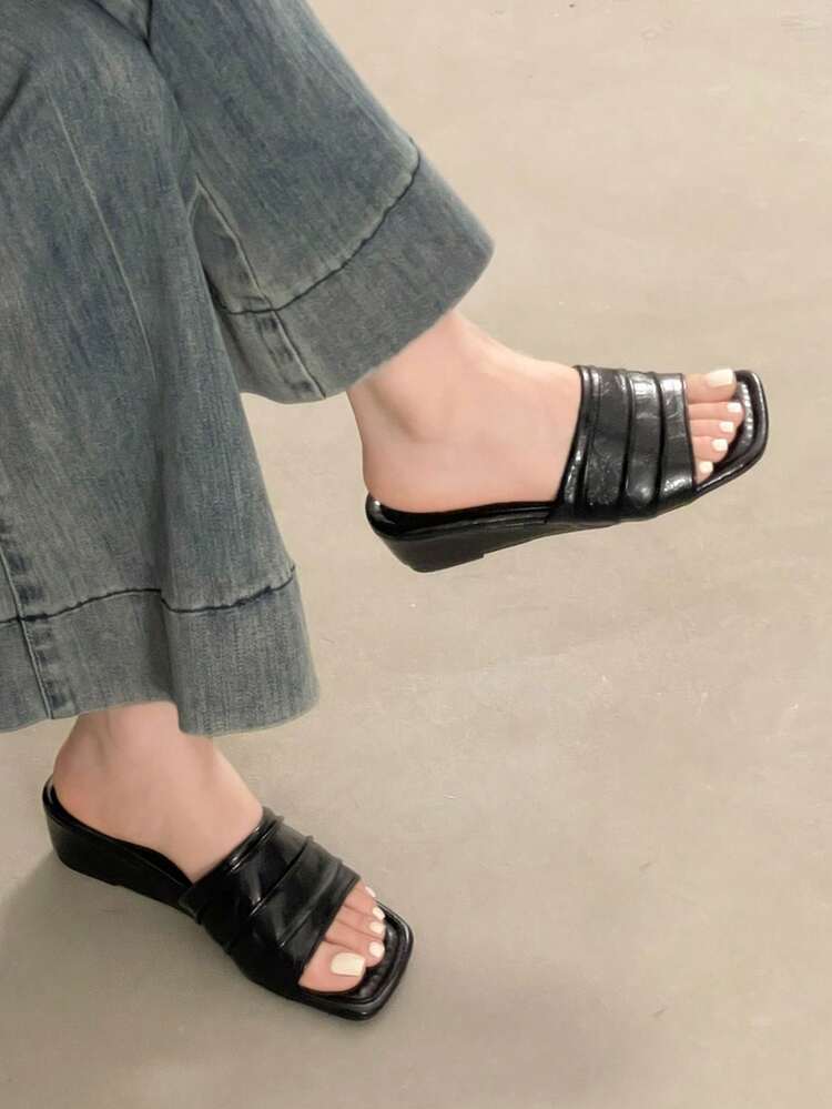 manjingfu 女款休閒粗跟涼鞋，不對稱百褶設計，搭配露趾高跟拖鞋，防滑拖鞋 - 黑色 - 查看 4