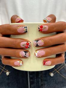 10pcs Y2K Nails Square Press On Nails Set - Handcrafted, Pink Nails, Black Nails, Red And White French Tip Nails, Handmade 3D Cherry And 3D Billiards Nails Art, Hand Drawn Black Polka Dot And Leopard Print Design, Aesthetic - Multicolor - View 2