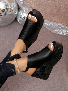 Sandalias de cuña sin cordones de ajuste ancho para mujer, color dorado metálico, con punta abierta, suela gruesa cómoda, estilo casual de verano, con correa de hebilla, adecuadas para uso al aire libre - Negro - Ver 6