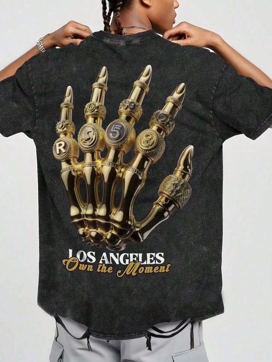 Camiseta ROMWE MEN Street Life para hombre con diseño de letras desgastadas y diseño 3D que representa de forma realista una mano. - Negro - Ver 1