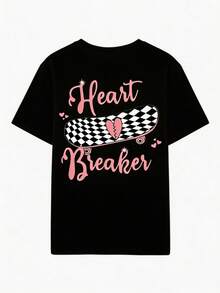 Damen Sommer Heart Breaker Checkerboard Skateboard Herz-Rücken-Muster Locker Sitzendes T-Shirt, Niedliches Cooles Y2K Street Style Loose Fit Rosa Casual Vintage Streetwear Grafik-T-Shirt - Schwarz - Übersicht 5