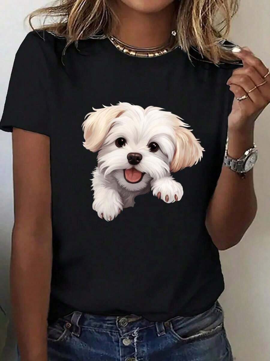 1 Fashionable Casual T-Shirt For Men And Women With An Adorable Dog Design, High Quality, Ideal For Pet Lovers And Casual Occasions, Available In Sizes S, M, L And Black Color, Fashionable And Versatile, Easy To Match, Suitable For Daily Wear, Urban Style, Holiday Outfits And Weekend Wear. - 黑色 - 查看 1