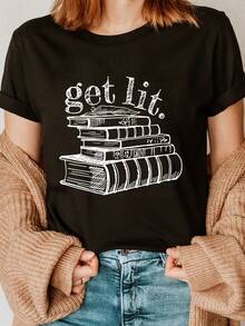 Pure Cotton T-Shirt With Printed Book Design, Round Neck T-Shirt, Casual Short Sleeve T-Shirt For Spring And Summer, Women's Clothing. - 黑色 - 查看 1