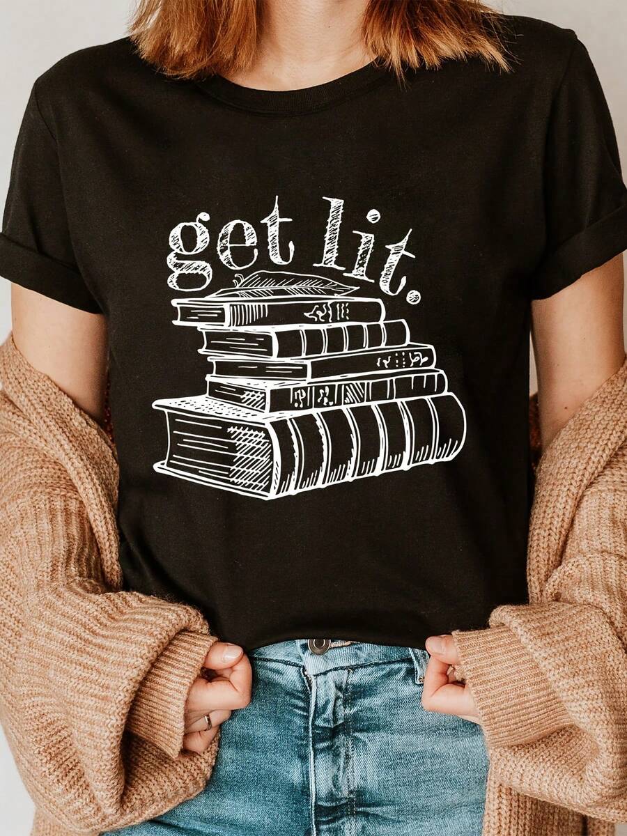 Pure Cotton T-Shirt With Printed Book Design, Round Neck T-Shirt, Casual Short Sleeve T-Shirt For Spring And Summer, Women's Clothing. - 黑色 - 查看 1