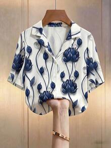 Blusa casual holgada de manga corta con cuello y estampado floral para mujer - Albaricoque - Ver 5