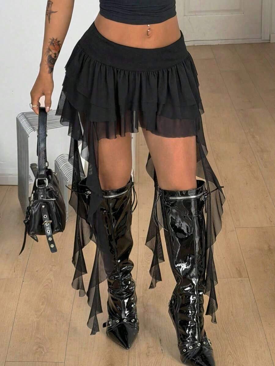 Conjunto de primavera para concierto, festival de música y fiesta - Ropa casual con volantes y flecos de cintura baja, estilo Y2K para mujer - Negro - Ver 1