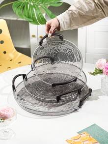 Thickened PET Round Tea Cup Coffee Cup Water Cup With Double Handles, Transparent Glacier Pattern Tray, Durable And Shatter-Resistant - Perfect For Home Living Room Decor, Weddings And Parties - Gray-painted Silver - Wood Grain Handle - View 1