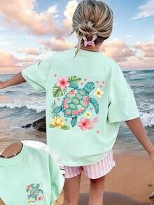 Tween Girl-Vacation Style Printed T-Shirt, Suitable For Travel And Vacation Wear, Fashionable Spring/Summer Casual Versatile Top - Mint Green - View 2