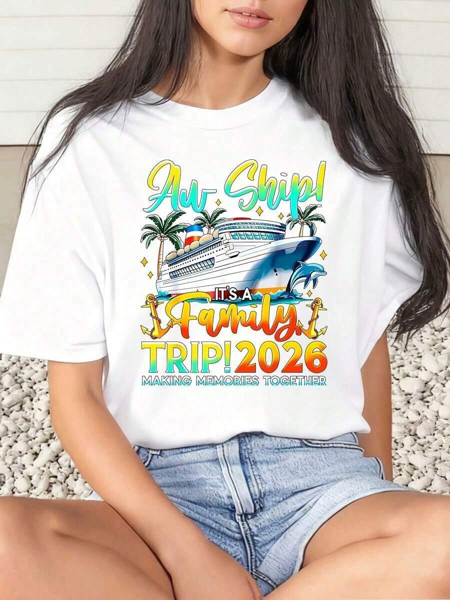Women's Graphic Print T-Shirt, Colorful, For Family Cruise Ship Trips 2026, Creating Memories Together, For Vacations, Travel And Outings, 220g, Women's Basic Blouses - 白色 - 查看 1